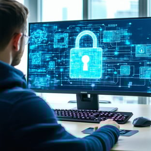 Personnel sat at a desk completing cybersecurity training.  Image on screen 3D padlock