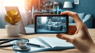 patient shown sitting on the sofa on mobile device while clinician holds the device sat at a desk