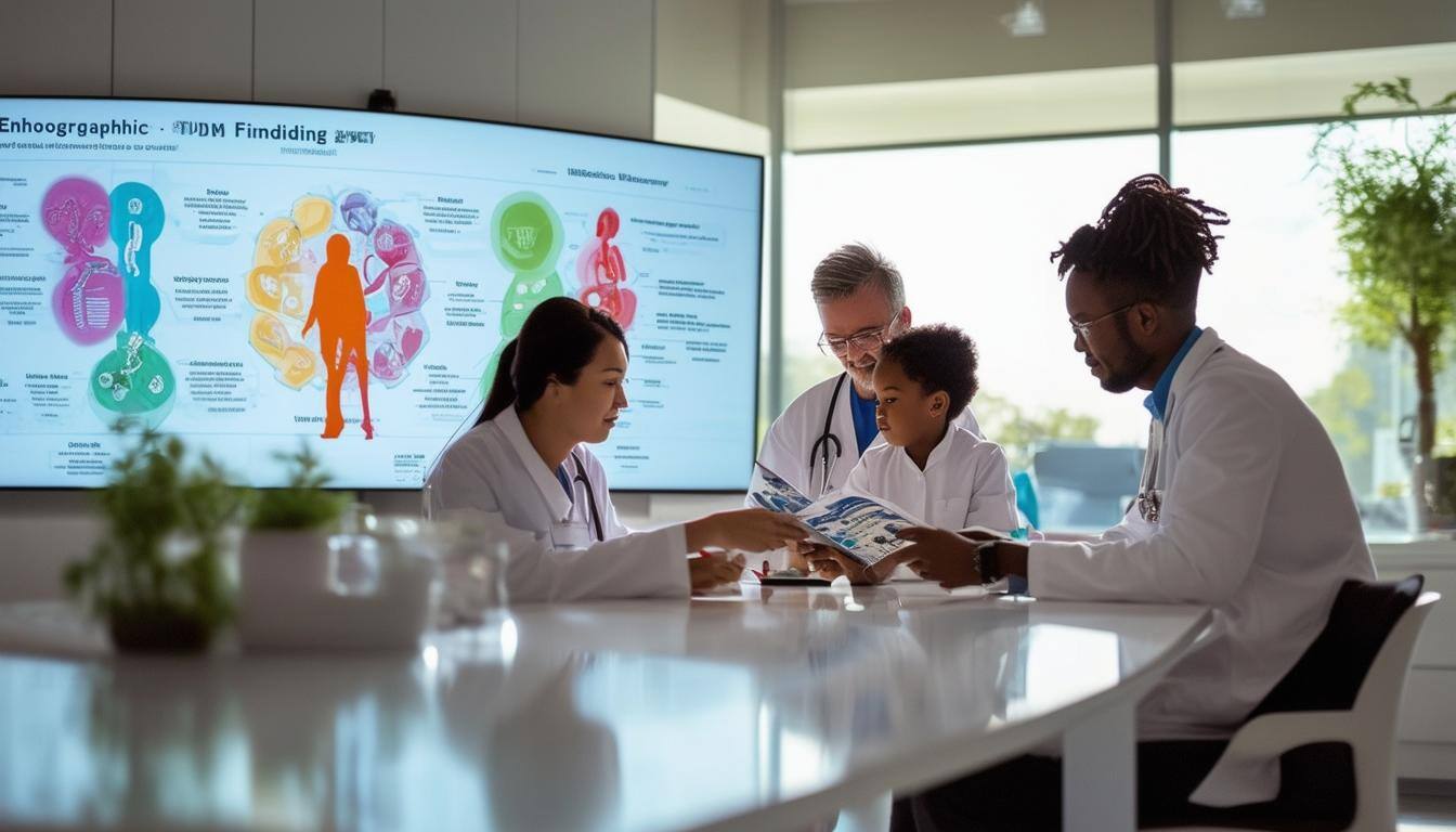 doctors and patients including a child reviewing research analysis 