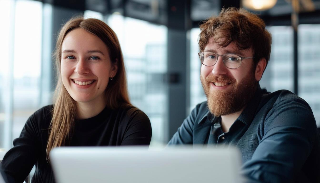 Male and female research analysts sitting in front of a laptop