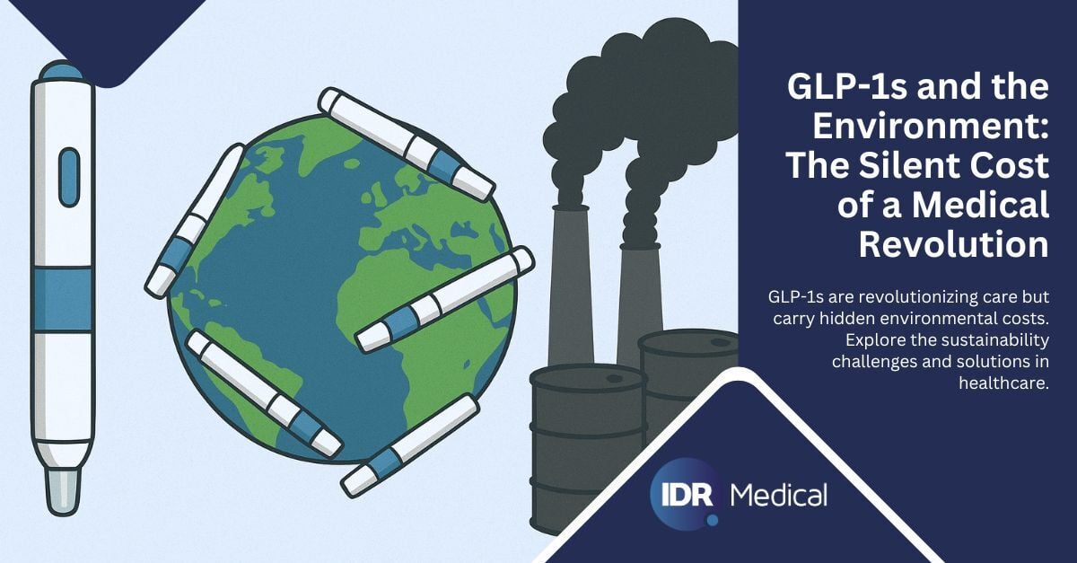 Illustration of a GLP-1 injection pen beside a globe surrounded by pens, with industrial smokestacks and waste barrels showing the environmental impact