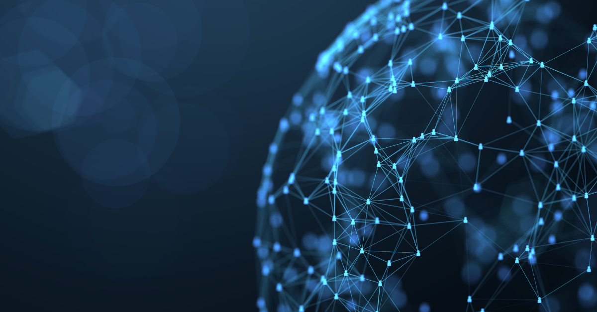 Image depicting scaling robotics on a dark blue background with a globe of the world and interlocking technology points